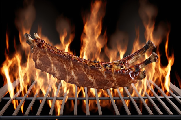 A bbq grill with a piece of meat on it with flames on the background.