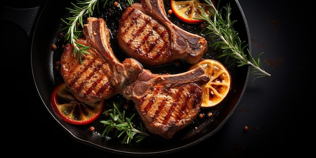 BBq Grilled lamb mutton chops steaks in a pan Black background Top view Copy spac Generative AI