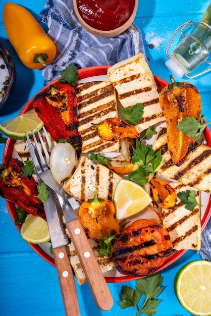 Foto bbq di formaggio tofu arrostito alla griglia con verdure