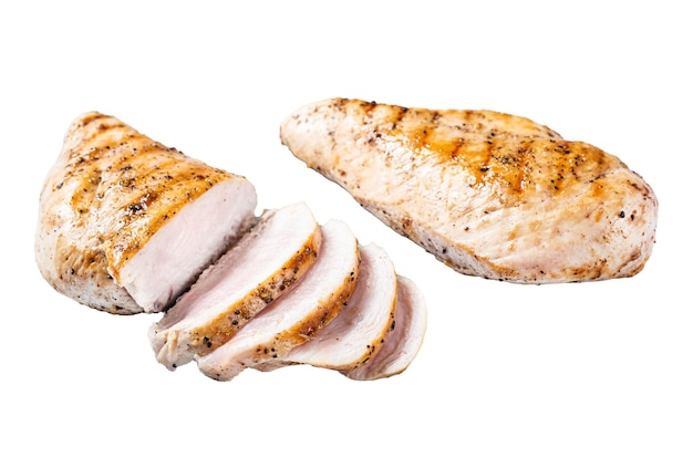 BBQ grilled and sliced chicken breast fillet steak Isolated on white background