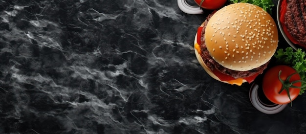 BBQ hamburger top border Top view table scene on marble black stone background Copy space