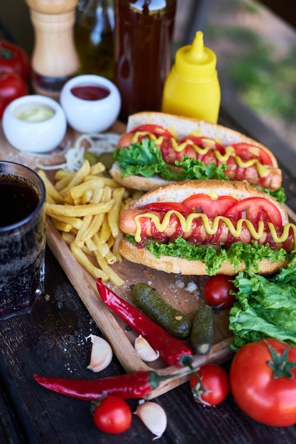 BBQ hot dog served with vegetables and French fries and sauces on wooden serving board