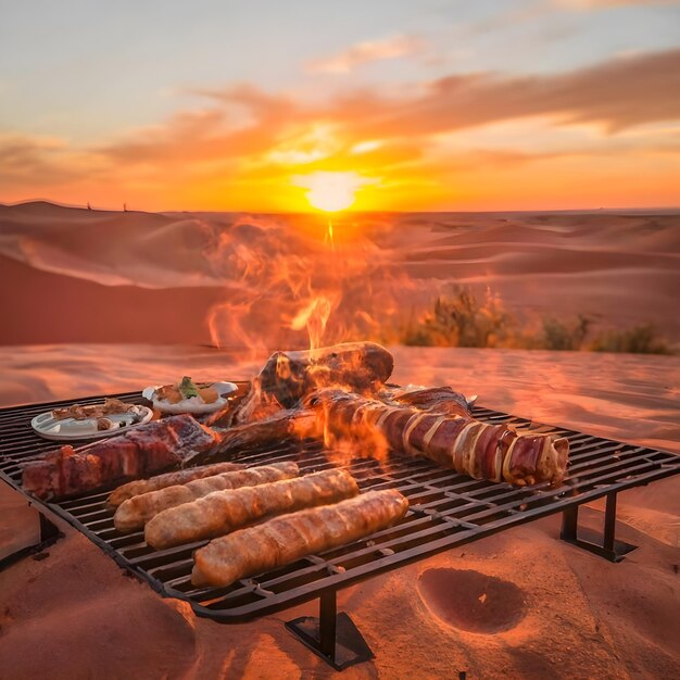 写真 素晴らしい砂漠の冒険で砂漠でバーベキュー