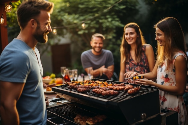 Foto bbq joy vrienden hebben plezier met het grillen van vlees en plezier met generatieve ai