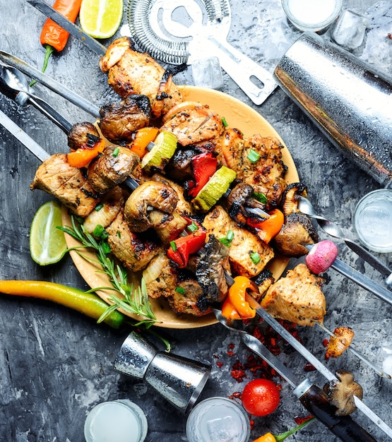 Bbq meat on wooden skewers