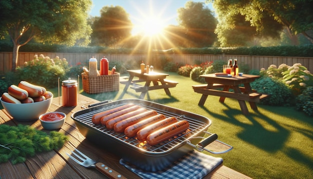 Bbq met hotdogs en ketchup op de picknicktafel.