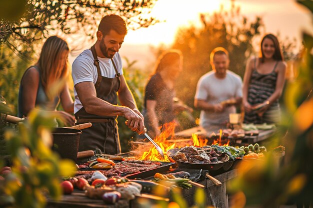 Photo bbq party characters grilling meat and vegetables outside summer