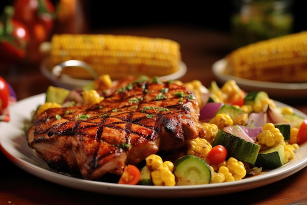 Bbq pork chops with corn and vegetables created with generative ai