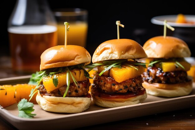 Photo bbq pork sliders with grilled pineapple and spicy sauce dripping