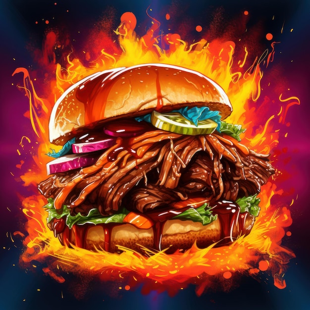 BBQ pulled beef sandwiches in an art style