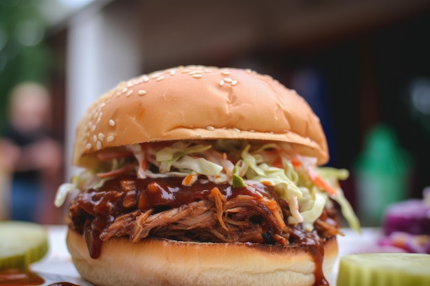 Bbq pulled pork burger met slowcooked pulled pork pittige bbq saus coleslaw en augurken op een brioche broodje geserveerd in de achtertuin van een amerikaans huis met een groep onscherpe mensen