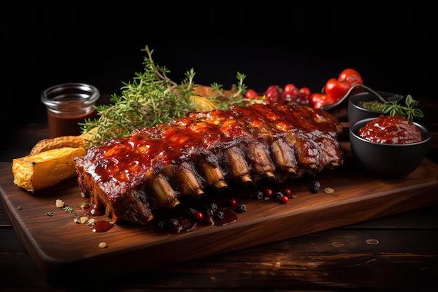 BBQ Ribs on a Rustic Platter with Barbecue Sauce