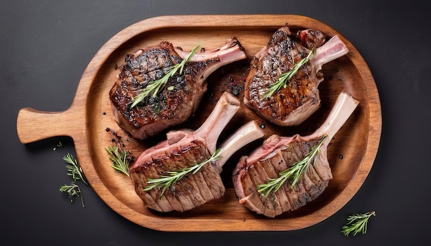 BBQ Roasted chops steaks of lamb mutton in a wooden plate Isolated on white background