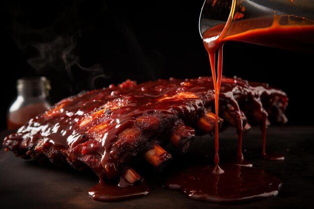 Photo a bbq sauce being smeared onto ribs