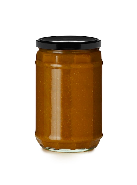 BBQ sauce in glass jar isolated on a white background with clipping path