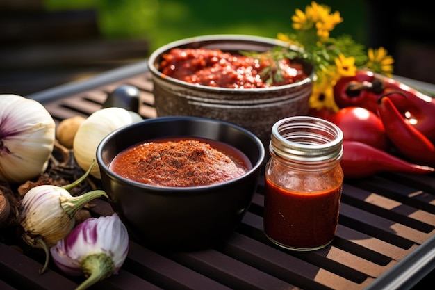 Bbq sauce and spices near a grill