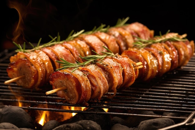 Bbq sausages wrapped in bacon on grill rack created with generative ai