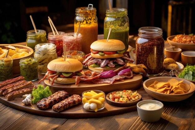 Bbq setup with various burger toppings and condiments created with generative ai