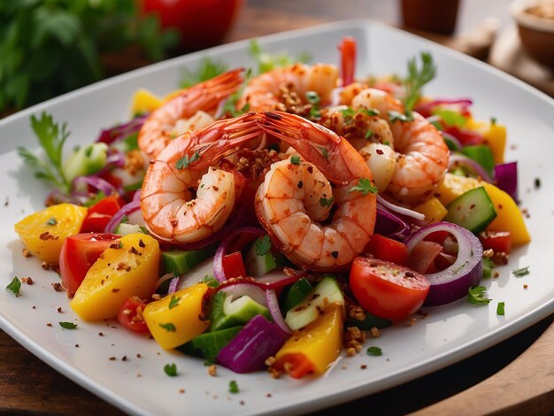 Bbq spiced shrimp atop colorful vegetable salad