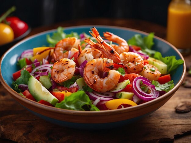 Bbq spiced shrimp atop colorful vegetable salad