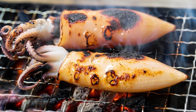 BBQ 오징어는 난로에 굽고 뜨거운 불은 가벼운 연기와 뜨거운 숯으로 구운 오징어의 매크로 샷입니다.