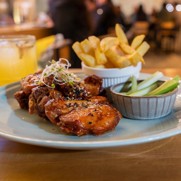 bbq wings, with french fries and salad