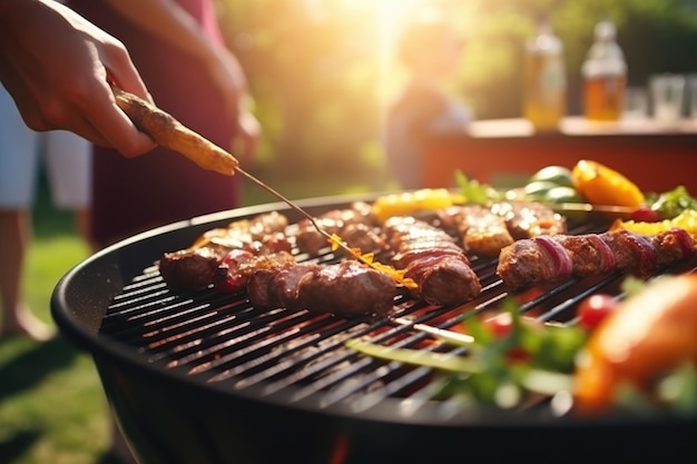 Bbq with grill and grilling meat with barbecue grilling outdoors barbecue