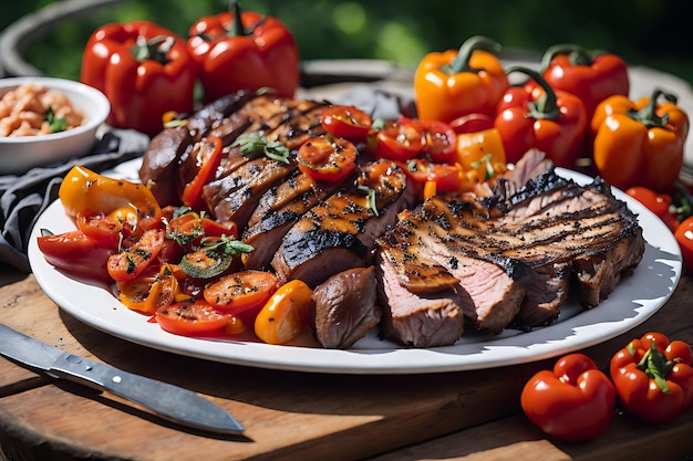 Foto barbecue con una varietà di carni complete di pomodori e peperoni su un piatto bianco