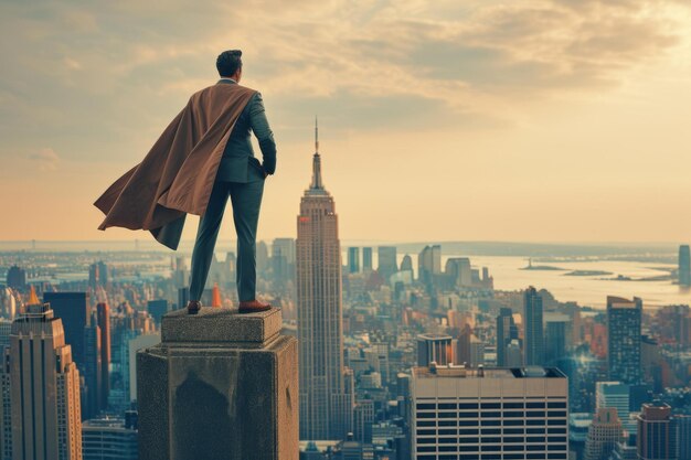 Foto bbusinessman wearing cape standing on top of building overlooking city