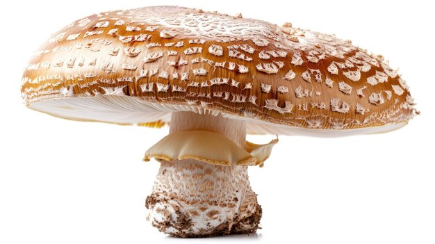 Bclose up photo of a large brown mushroom with a white background