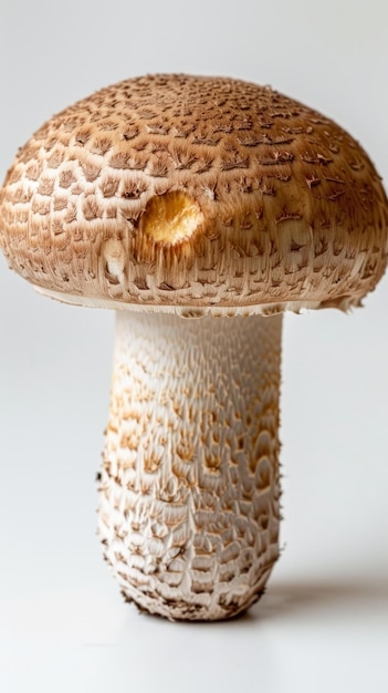 BCloseup photo of a large brown mushroom with a white background