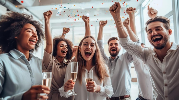Foto diversi gruppi di persone festeggiano con champagne e confetti
