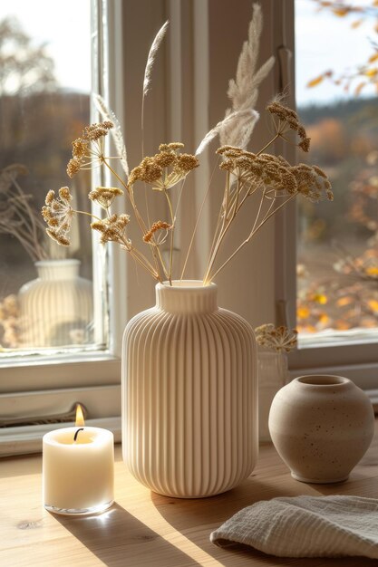 BDried flowers in a ceramic vase by the window