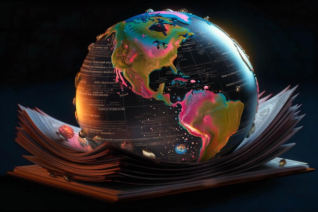 開いた本のページに反射する回転する地球儀の大陸に魅了される