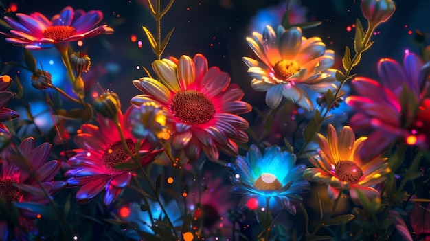 밝은 다채로운 꽃들이 어 속에서 펼쳐지는 놀라운 시각에 매료되십시오.
