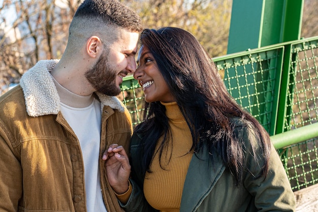 Be my valentine loving young couple sharing emotions outside