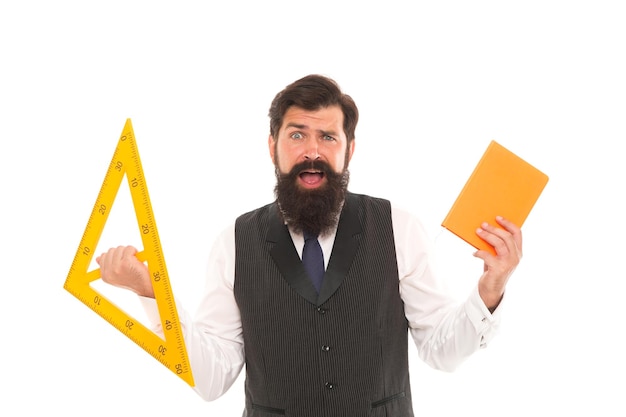 Be wise guy give math try Scared man back to school Bearded man hold book and triangle Brutal man ready for geometry lesson Technical man or engineer isolated on white Geometric drawing