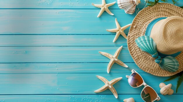 Beach accessories on blue plank Summer holiday banner