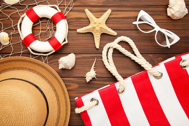 Beach accessories on brown wooden