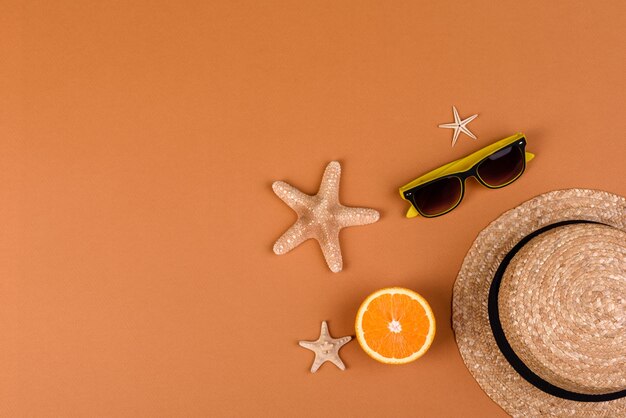 Beach accessories on a colored background. summer background