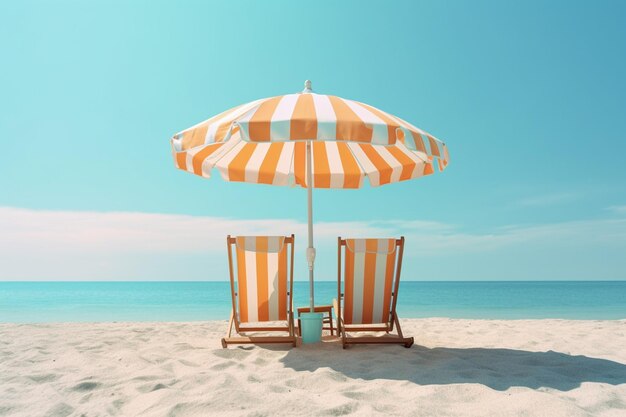 Beach accessories on deck beach umbrella with chairs on the sand summer holidays generative ai
