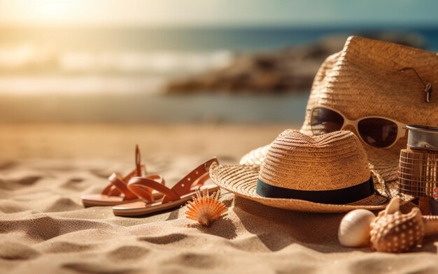 Beach accessories on sandy summer background