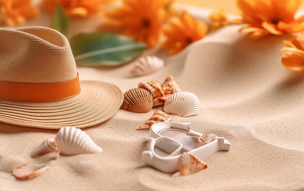 Beach accessories on sandy summer background