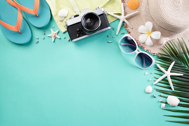 Photo beach accessories for summer holiday and vacation background