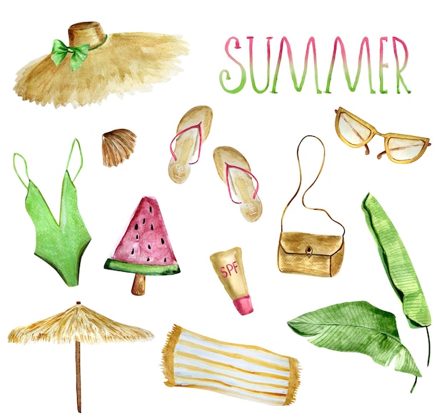 Photo beach accessories summer watercolor elements set