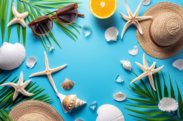 Beach accessories sunglasses hats palm leaves orange slices seashells on blue background top view copy space