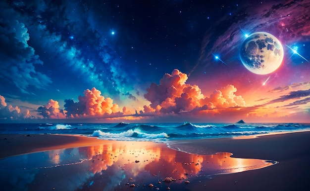 Beach in an alien planet with orange red clouds and galaxy view sky