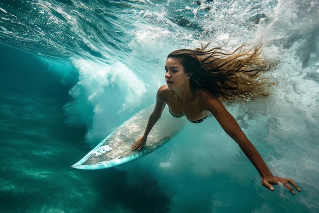 Beach Babe Gracefully Dives Under Waves With A Surfboard In Hand Standard