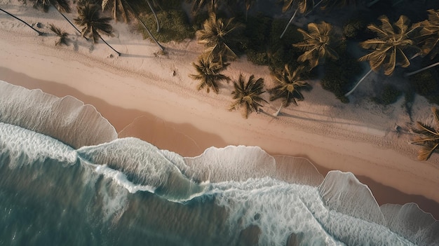 Beach background palm trees waves Top down view Ai Generated Image