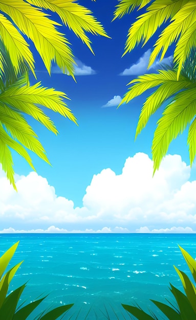 Beach background with a blue sky and palm trees